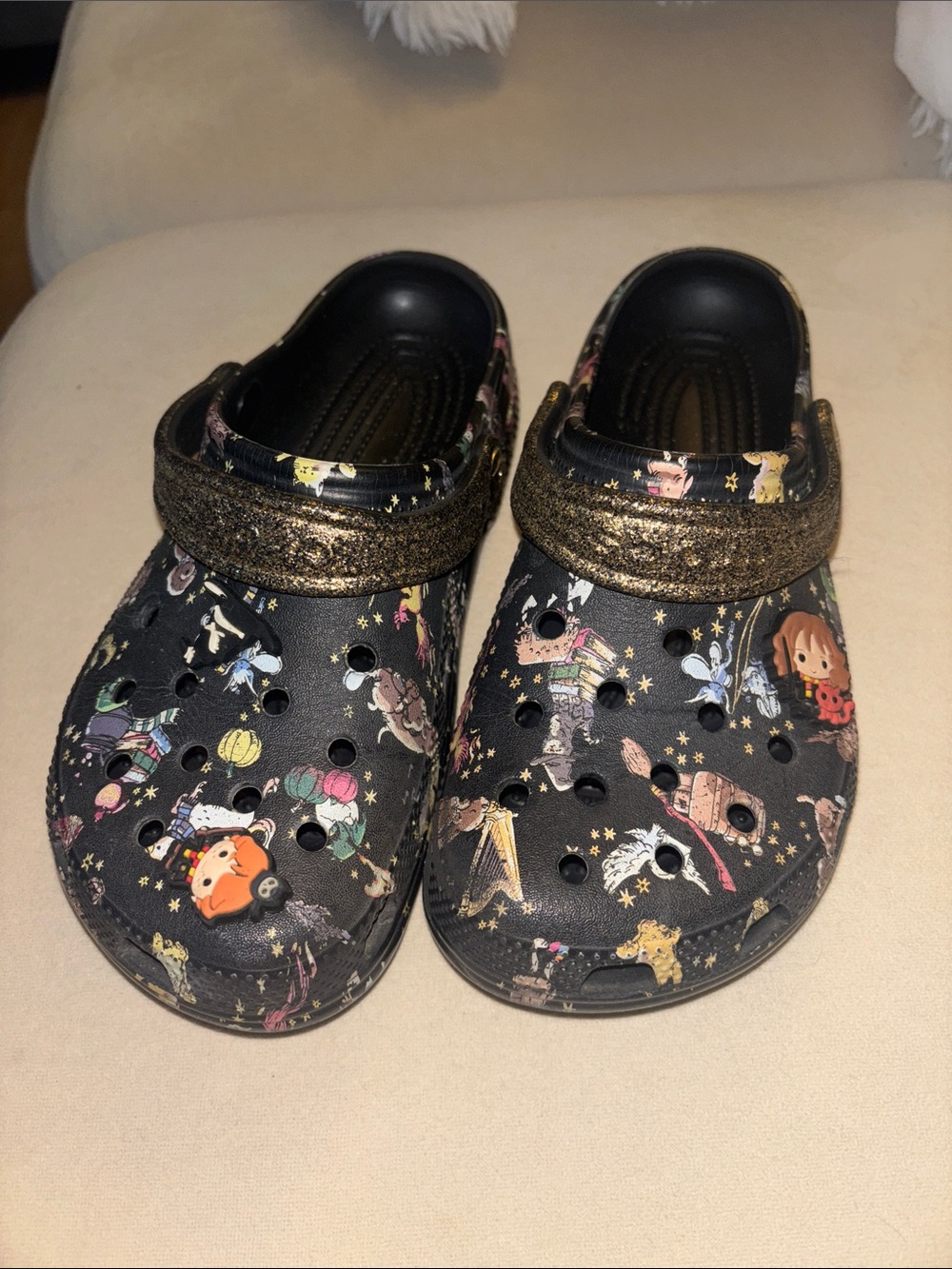 Kids HARRY POTTER CROCS-Black w/Gold Glitter-Accent Character Clog Shoes-sz. 5Y
